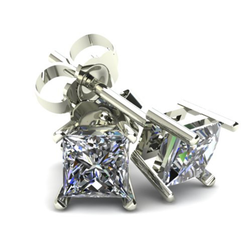 1.00Ct Square Princess Cut Natural Diamond Stud Earrings in 14K Gold Basket Setting (G-H, I2-I3)